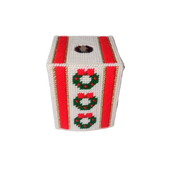 Christmas Wreath Tissue Box Cover Handmade Plastic Canvas Metallic Holiday - Picture 3 of 5
